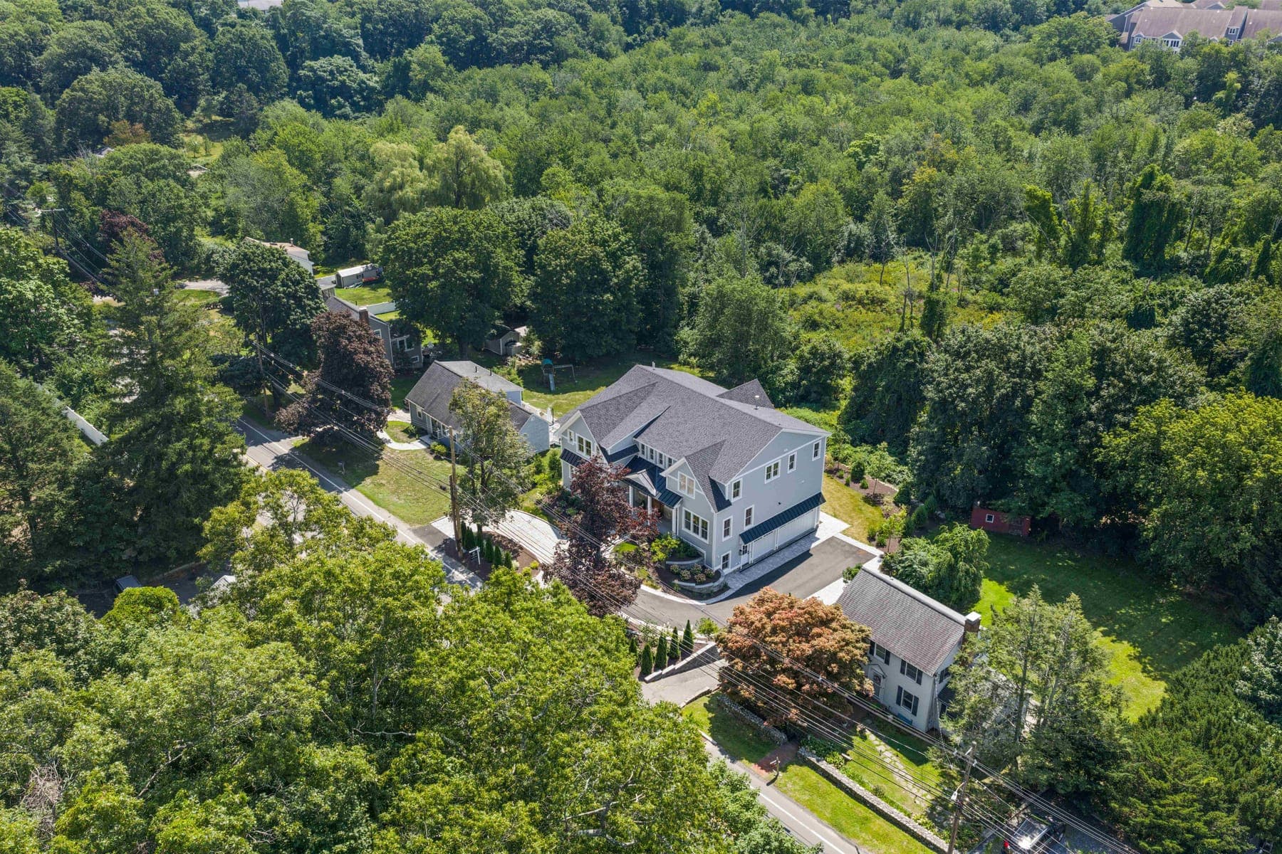 High aerial showing the property wrapped in mature tree canopy, illustrating the private, wooded setting