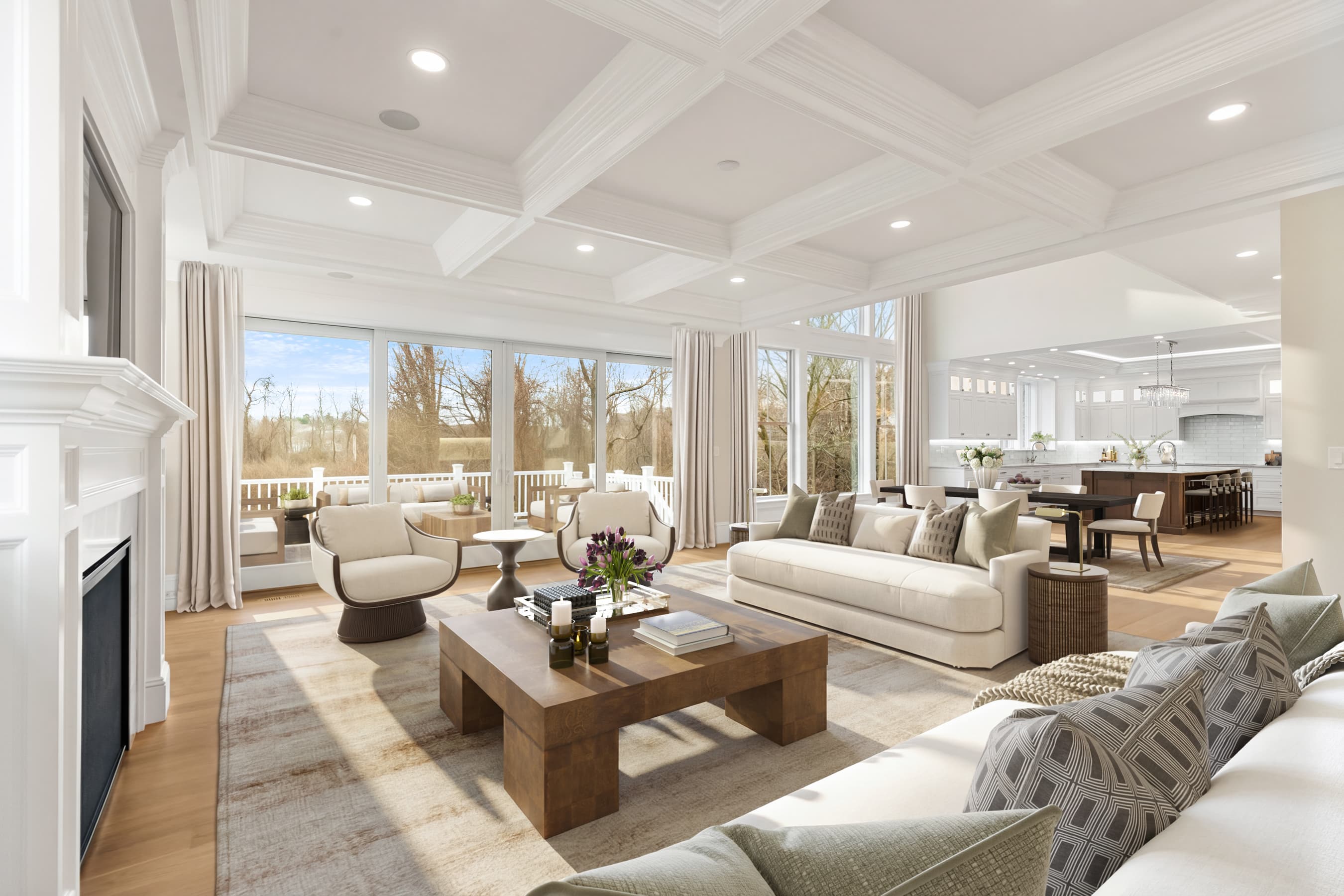 Grand living room with coffered ceiling, cream sofas, and open floor plan — virtually staged