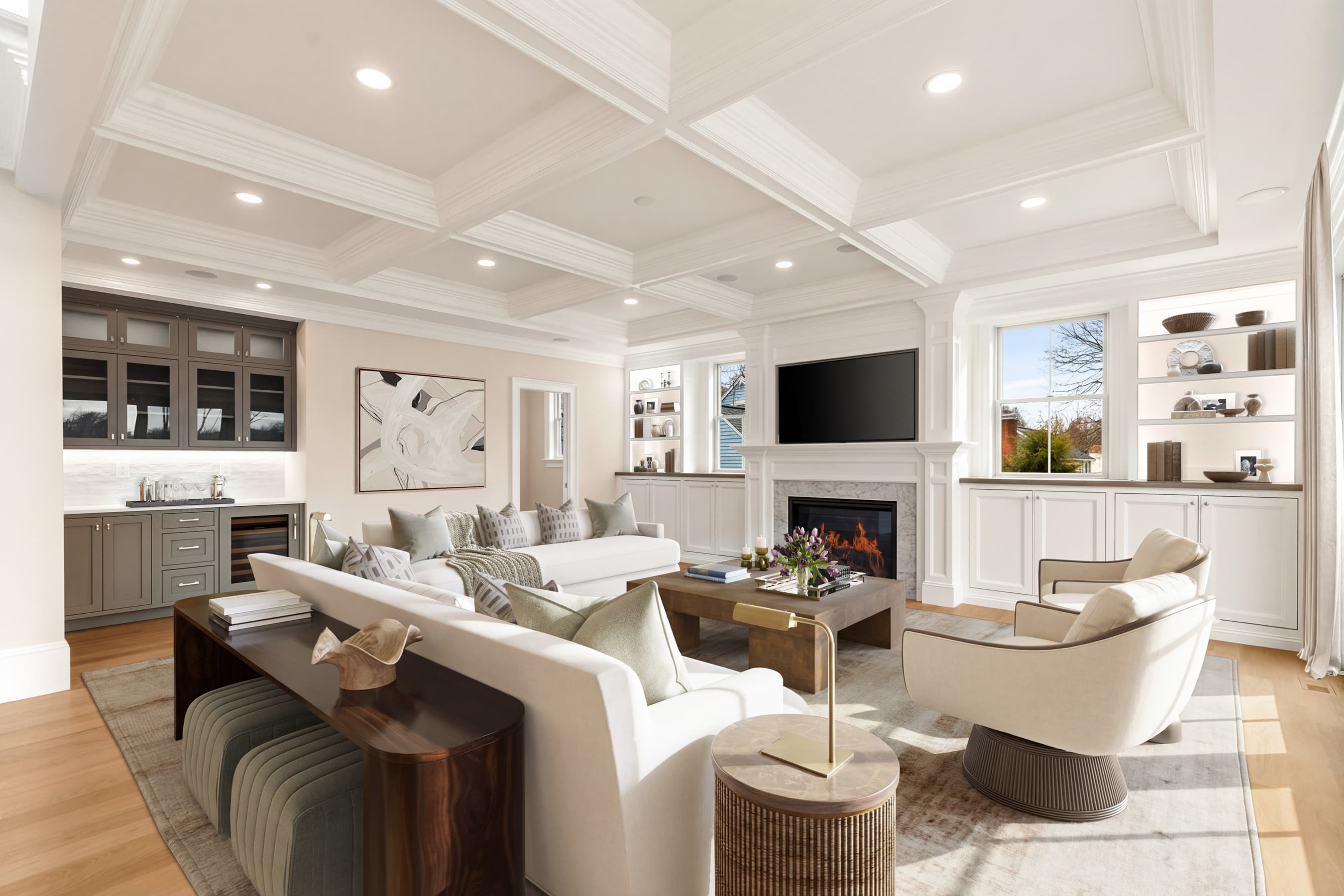 Living room with coffered ceiling, wet bar, fireplace, and designer furnishings — virtually staged