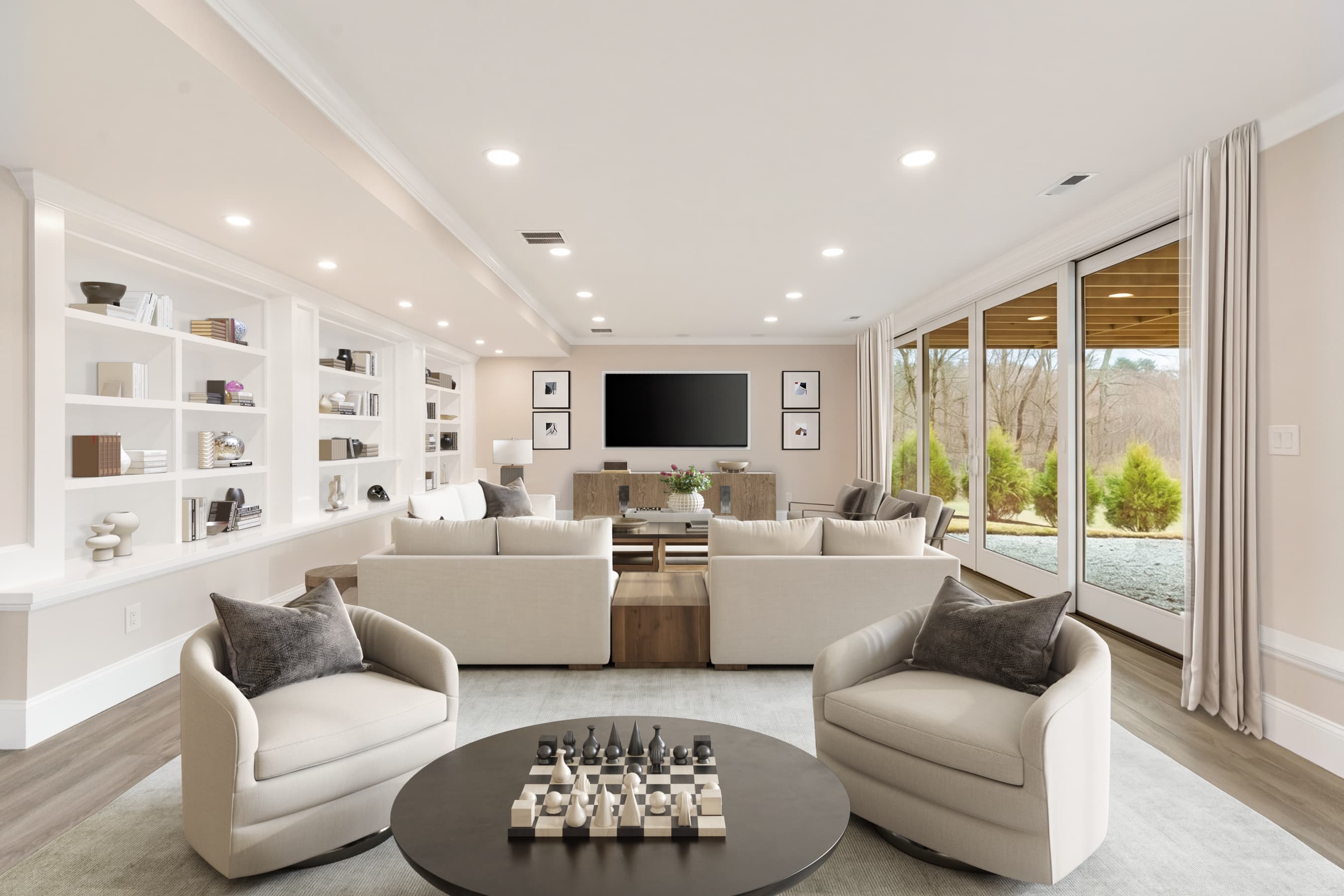 Lower level recreation room with built-in bookshelves, chess lounge, and sliding doors to yard — virtually staged